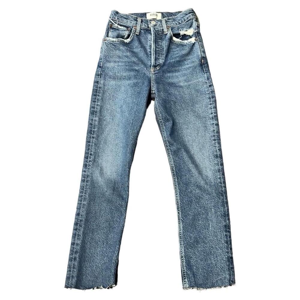Agolde Jeans Size 23 Blue Riley High Rise Straight Crop Button Fly Distressed